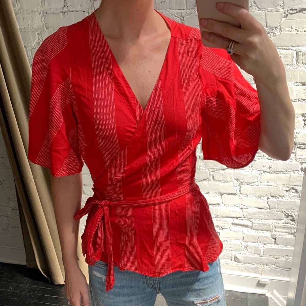 Never Worn, Loft Red Wrap Tie Top w/ Stripe Detail